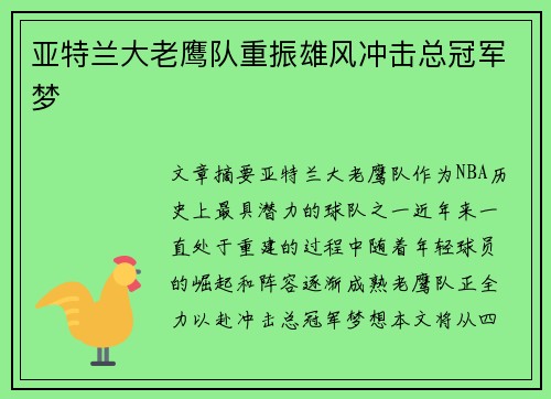 亚特兰大老鹰队重振雄风冲击总冠军梦